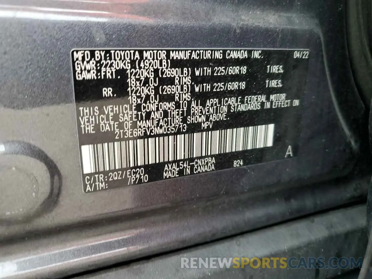 13 Фотография поврежденного автомобиля 2T3E6RFV3NW035713 TOYOTA RAV4 2022