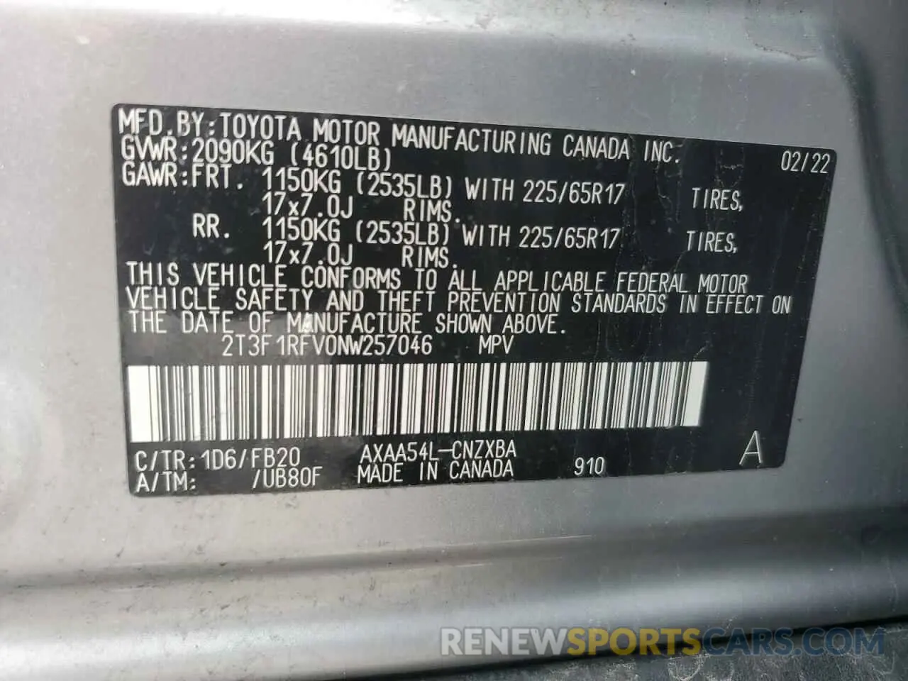 13 Photograph of a damaged car 2T3F1RFV0NW257046 TOYOTA RAV4 2022