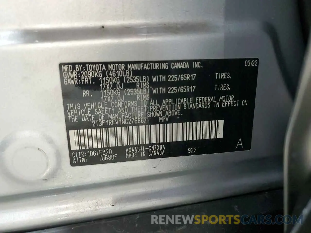 13 Photograph of a damaged car 2T3F1RFV1NC276867 TOYOTA RAV4 2022