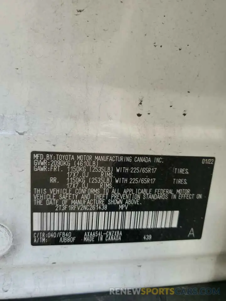 13 Фотография поврежденного автомобиля 2T3F1RFV2NC261438 TOYOTA RAV4 2022
