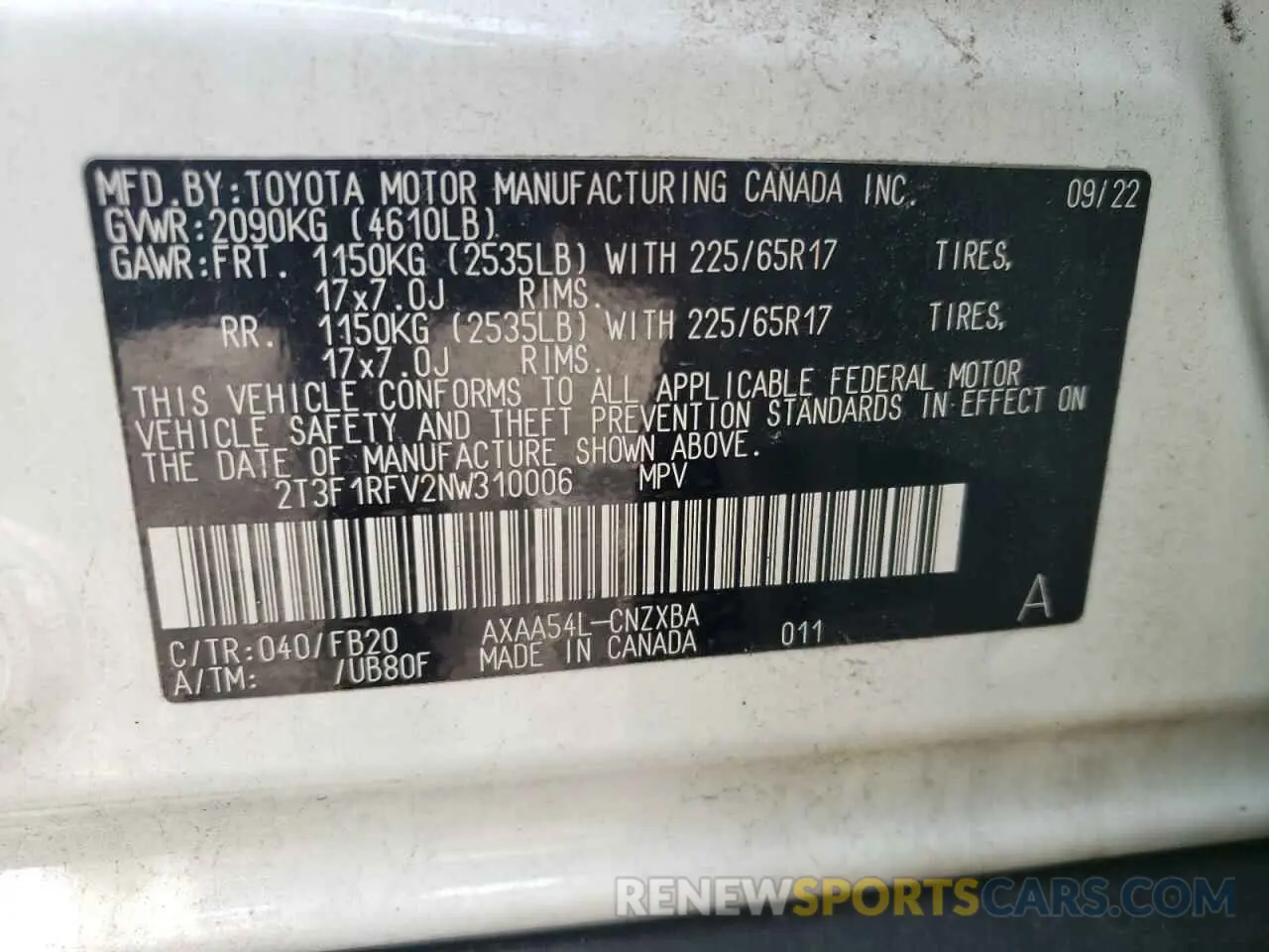 13 Фотография поврежденного автомобиля 2T3F1RFV2NW310006 TOYOTA RAV4 2022