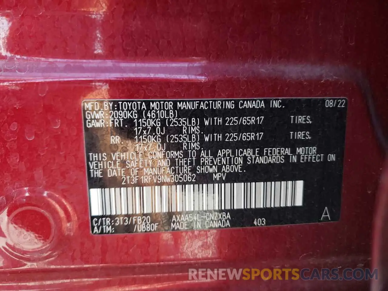 13 Photograph of a damaged car 2T3F1RFV9NW305062 TOYOTA RAV4 2022