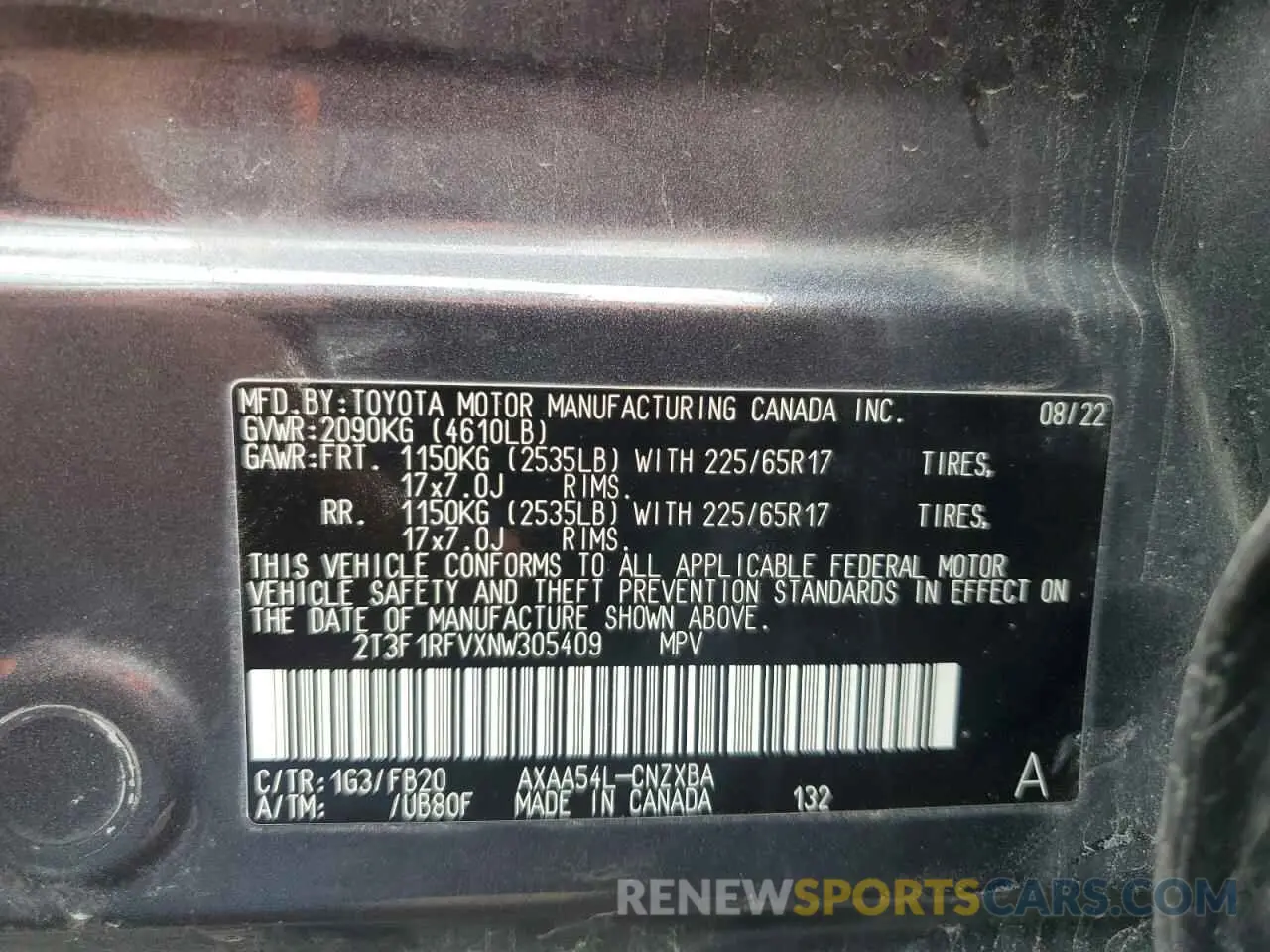 13 Photograph of a damaged car 2T3F1RFVXNW305409 TOYOTA RAV4 2022