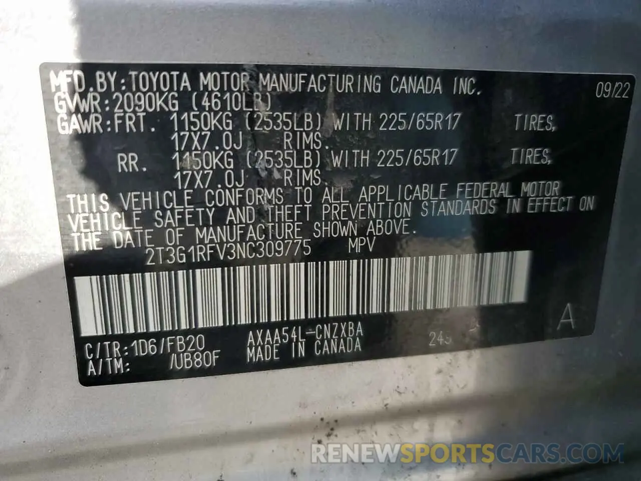 13 Photograph of a damaged car 2T3G1RFV3NC309775 TOYOTA RAV4 2022
