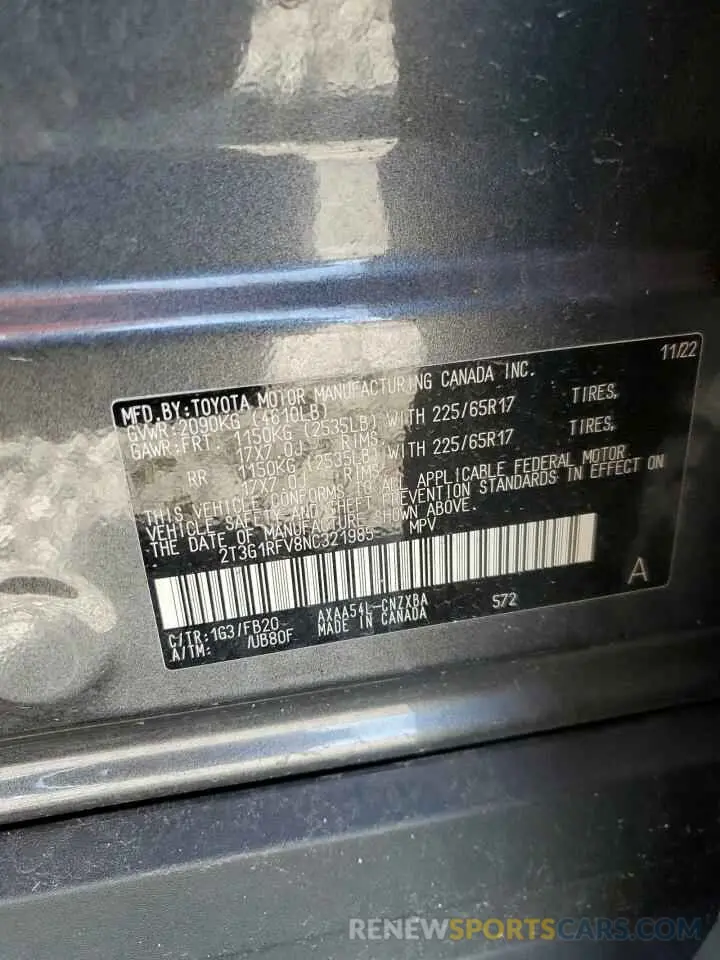 13 Photograph of a damaged car 2T3G1RFV8NC321985 TOYOTA RAV4 2022