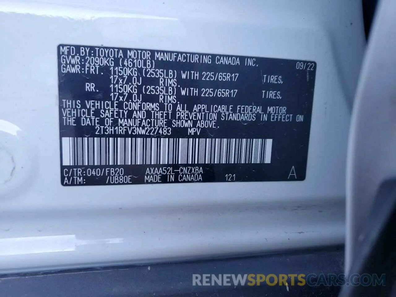13 Фотография поврежденного автомобиля 2T3H1RFV3NW227483 TOYOTA RAV4 2022