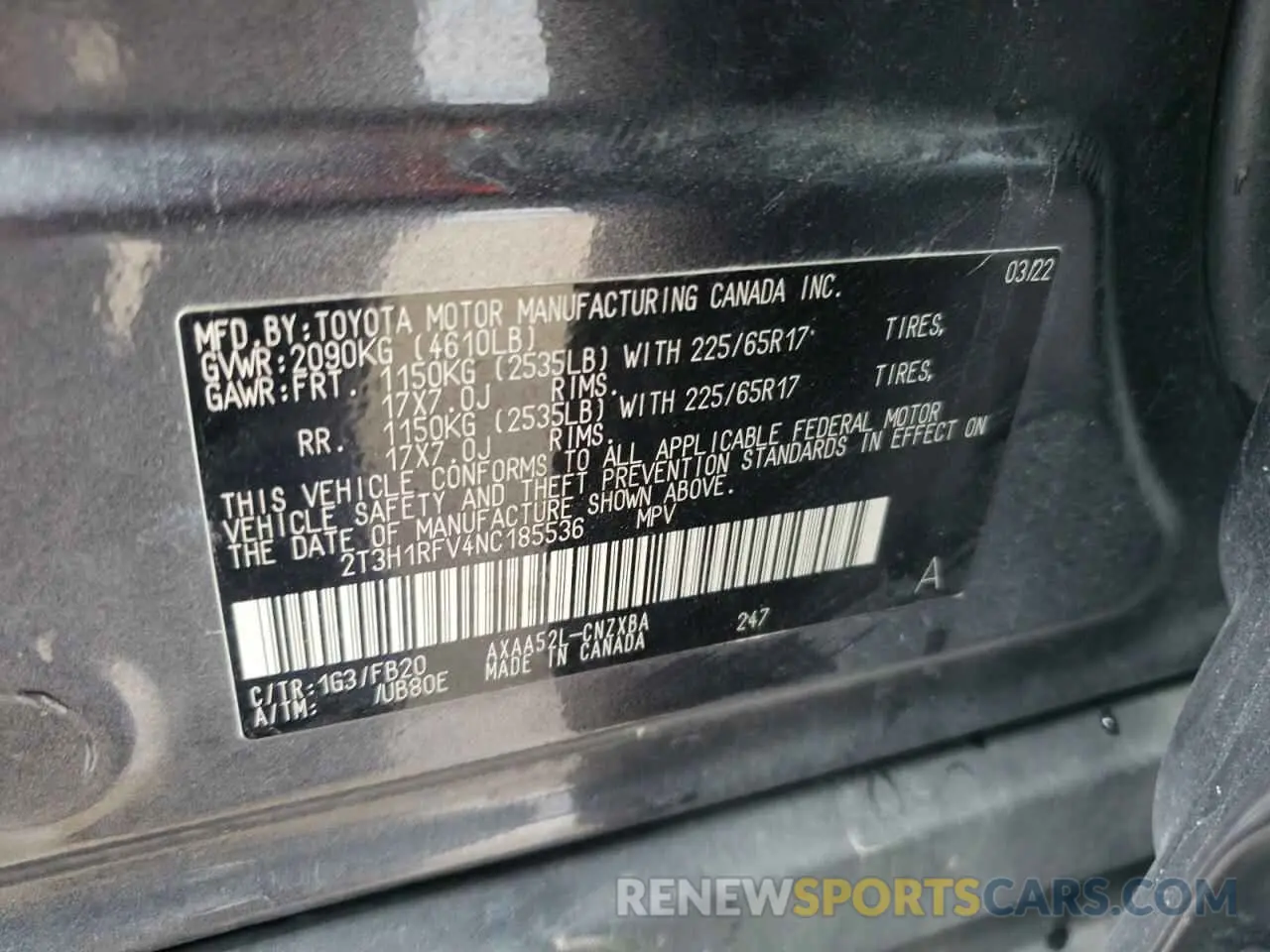 13 Photograph of a damaged car 2T3H1RFV4NC185536 TOYOTA RAV4 2022