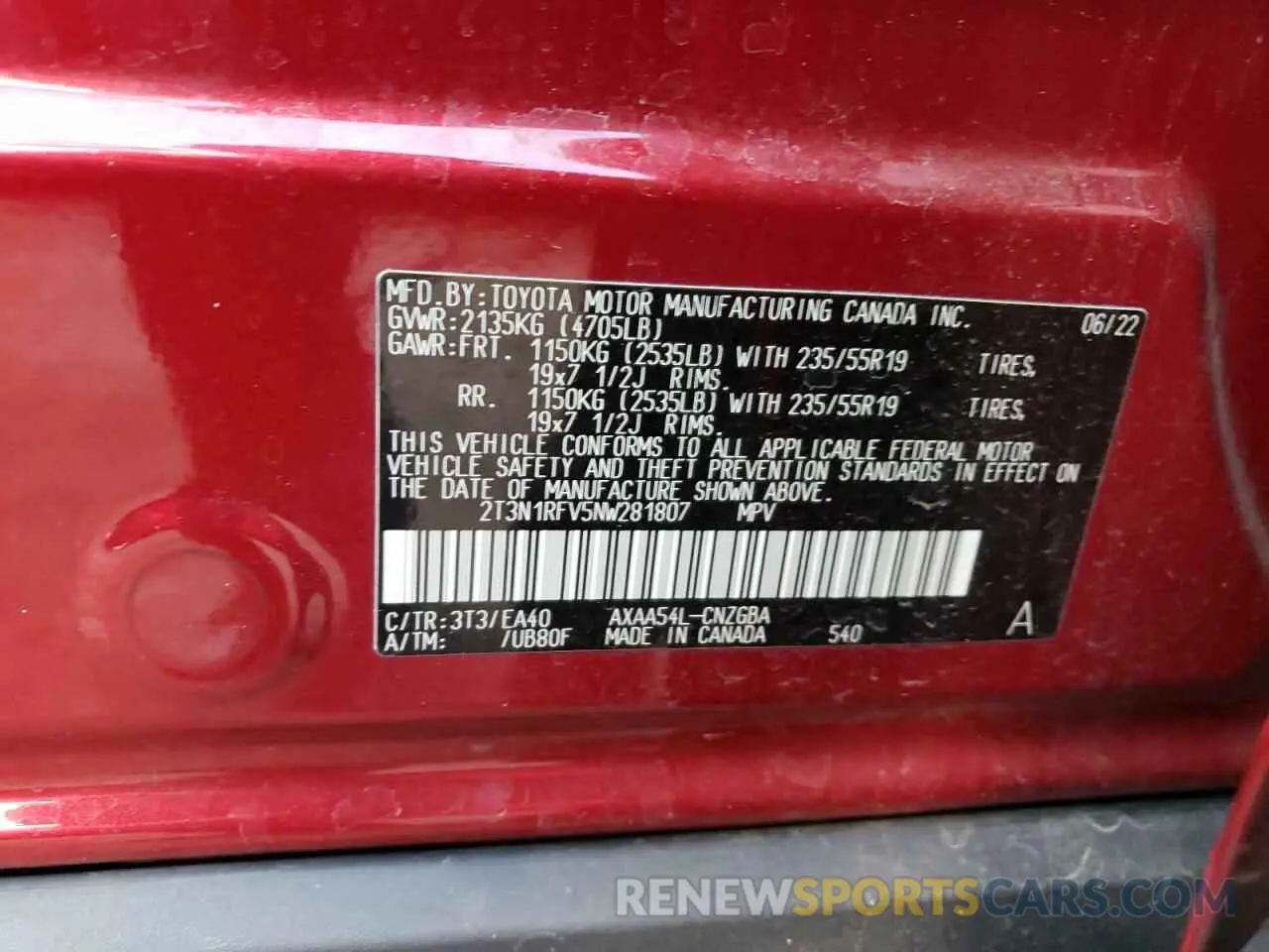 13 Photograph of a damaged car 2T3N1RFV5NW281807 TOYOTA RAV4 2022