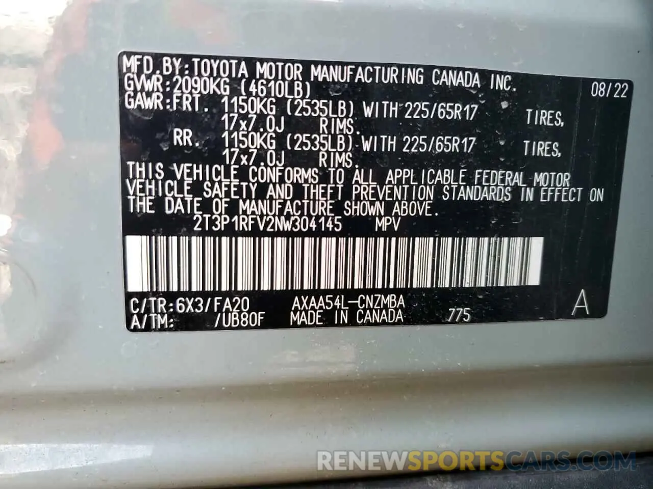13 Photograph of a damaged car 2T3P1RFV2NW304145 TOYOTA RAV4 2022