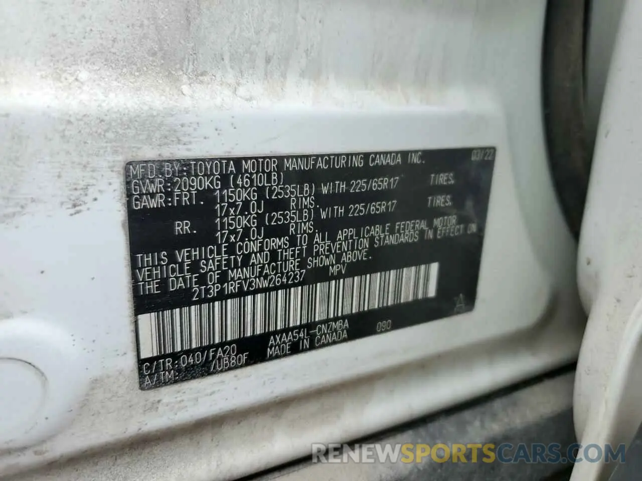 13 Фотография поврежденного автомобиля 2T3P1RFV3NW264237 TOYOTA RAV4 2022