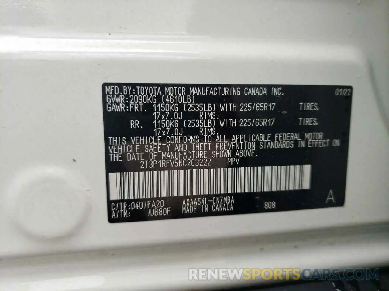 10 Фотография поврежденного автомобиля 2T3P1RFV5NC263222 TOYOTA RAV4 2022