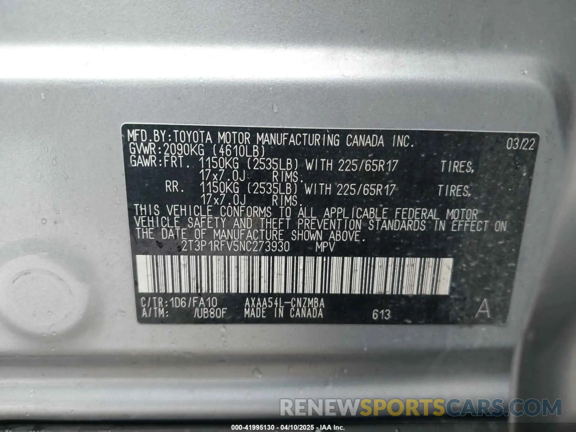 9 Фотография поврежденного автомобиля 2T3P1RFV5NC273930 TOYOTA RAV4 2022