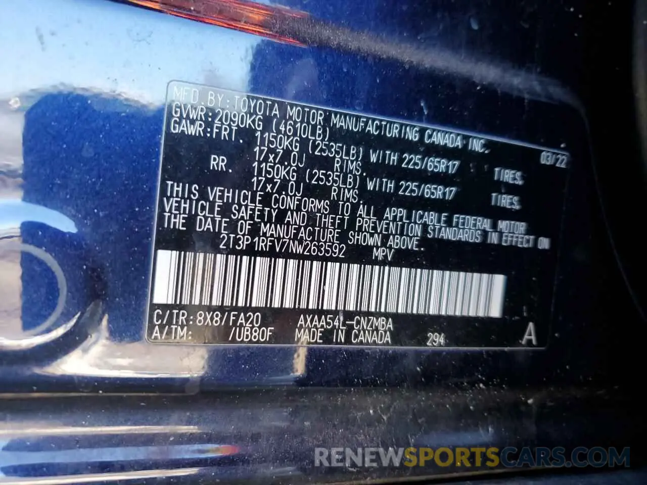 13 Фотография поврежденного автомобиля 2T3P1RFV7NW263592 TOYOTA RAV4 2022