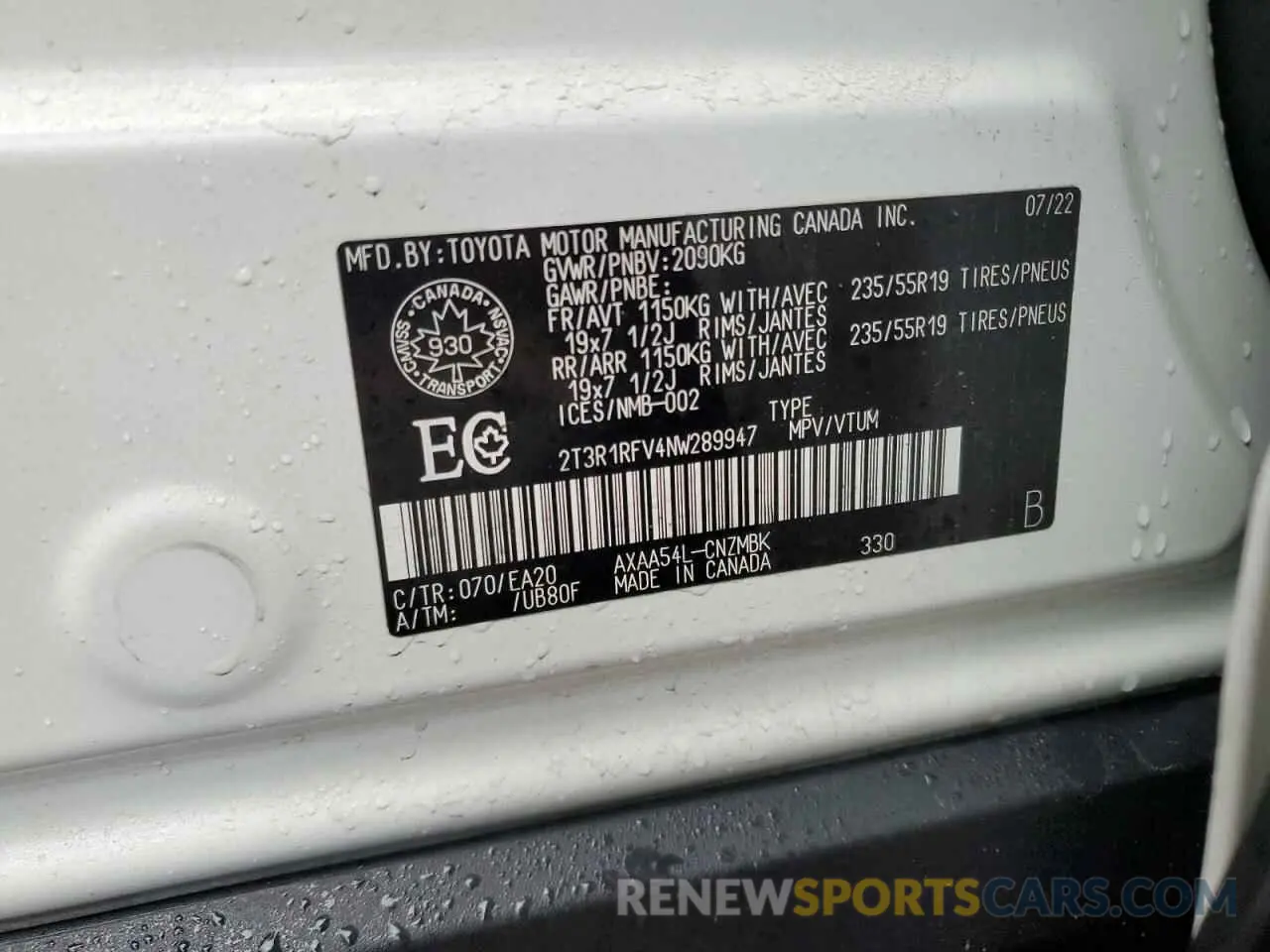 14 Photograph of a damaged car 2T3R1RFV4NW289947 TOYOTA RAV4 2022