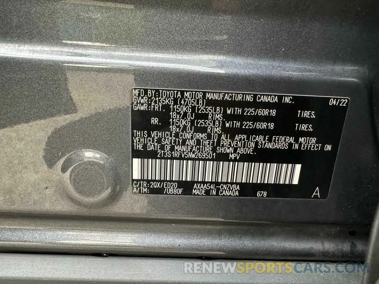 10 Фотография поврежденного автомобиля 2T3S1RFV5NW269501 TOYOTA RAV4 2022