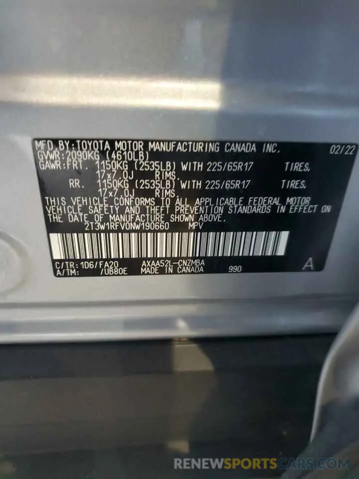 12 Фотография поврежденного автомобиля 2T3W1RFV0NW190660 TOYOTA RAV4 2022