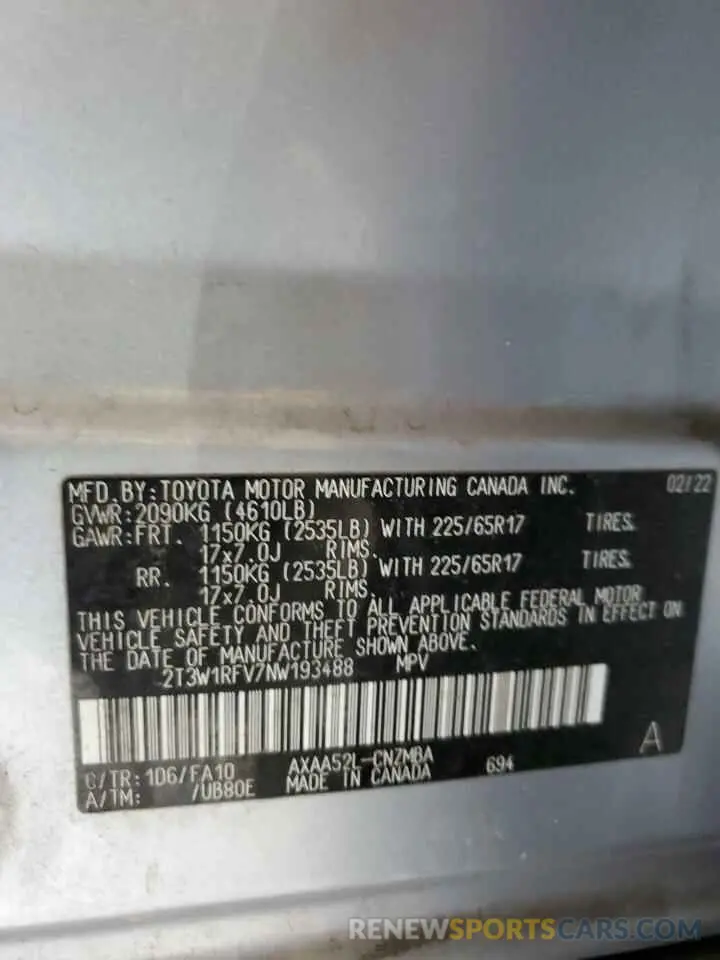 12 Фотография поврежденного автомобиля 2T3W1RFV7NW193488 TOYOTA RAV4 2022