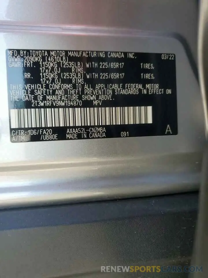 12 Фотография поврежденного автомобиля 2T3W1RFV9NW194870 TOYOTA RAV4 2022