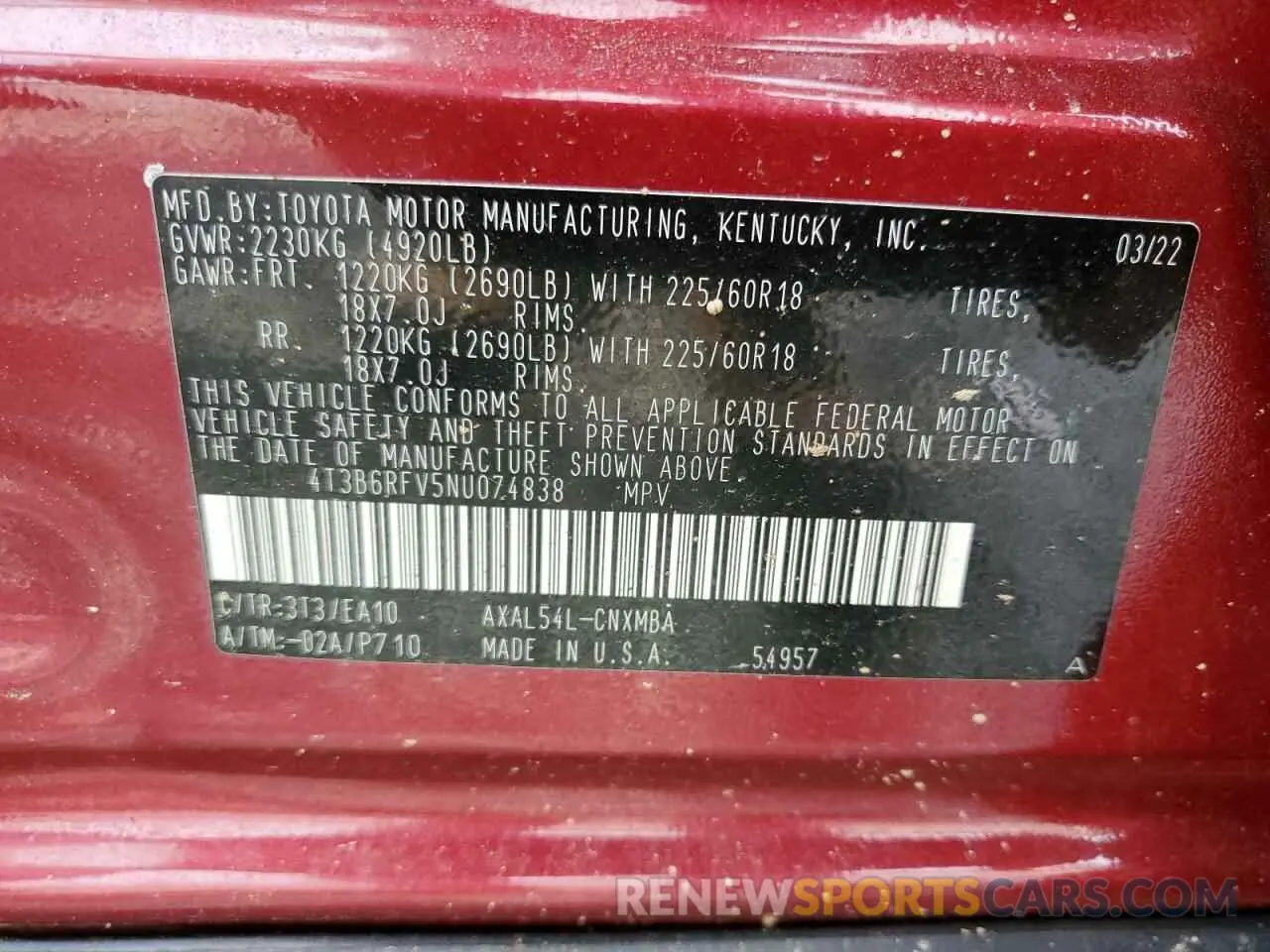 14 Photograph of a damaged car 4T3B6RFV5NU074838 TOYOTA RAV4 2022