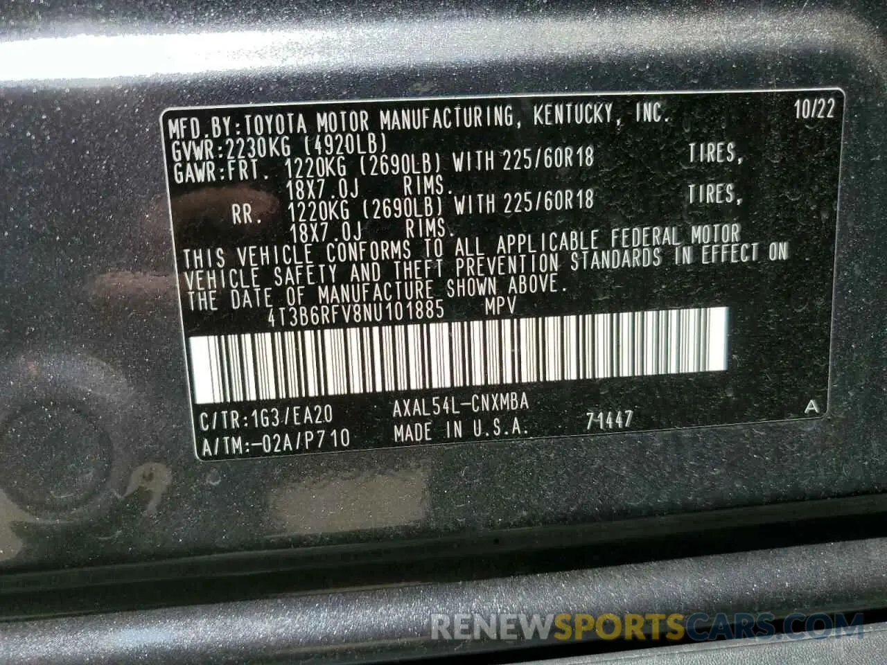 13 Photograph of a damaged car 4T3B6RFV8NU101885 TOYOTA RAV4 2022