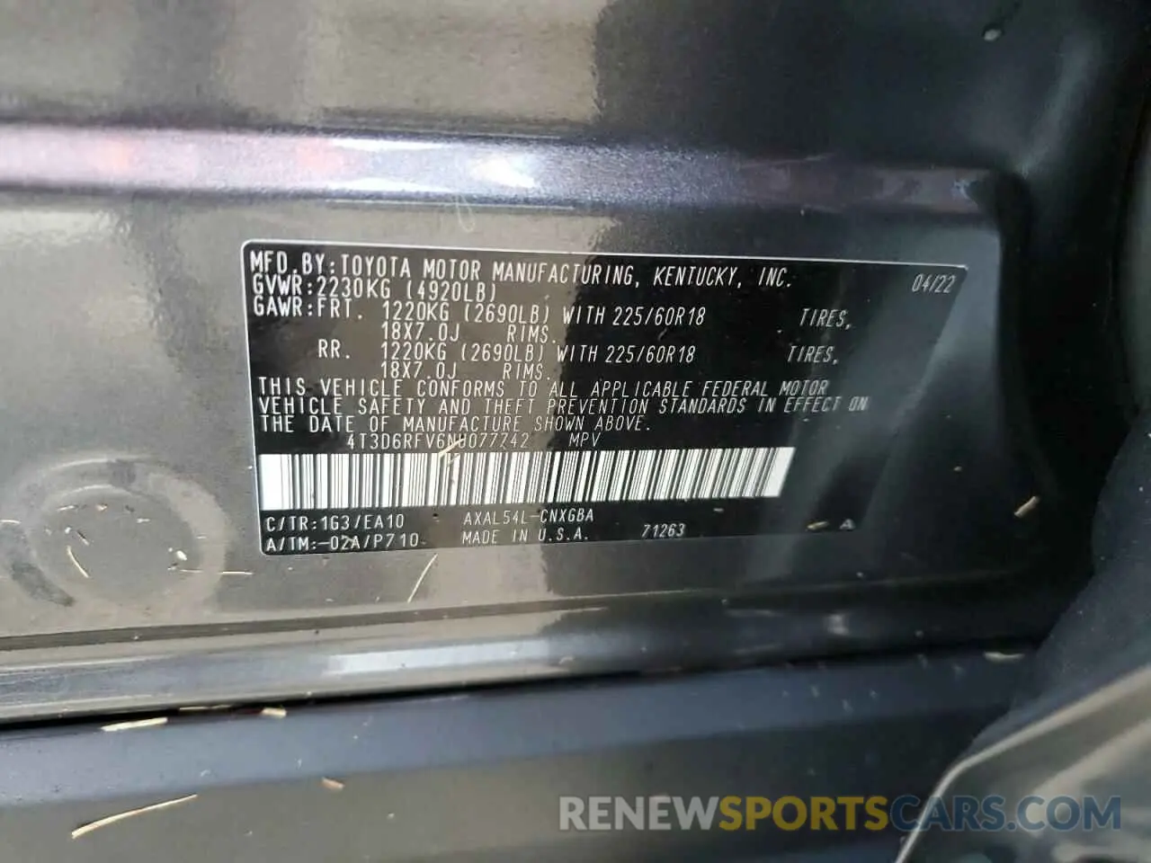 14 Photograph of a damaged car 4T3D6RFV6NU077742 TOYOTA RAV4 2022