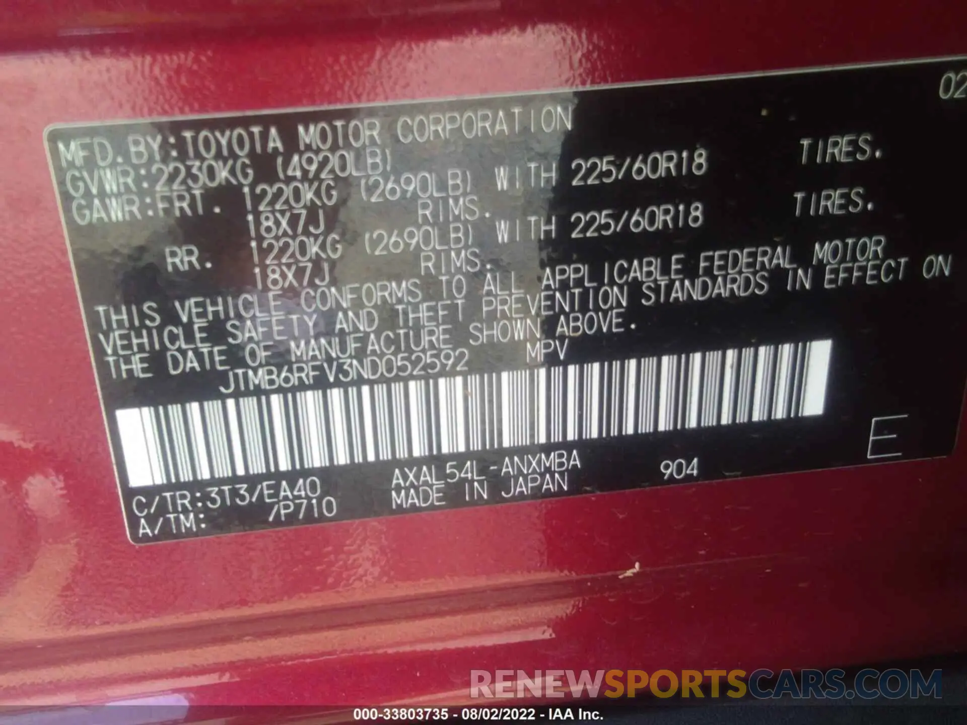 9 Фотография поврежденного автомобиля JTMB6RFV3ND052592 TOYOTA RAV4 2022