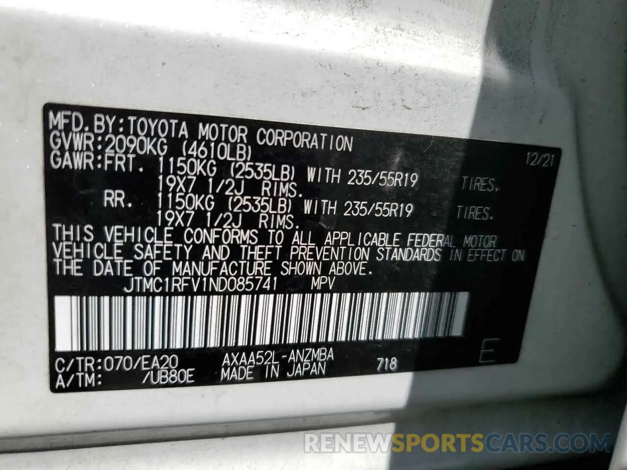 12 Фотография поврежденного автомобиля JTMC1RFV1ND085741 TOYOTA RAV4 2022