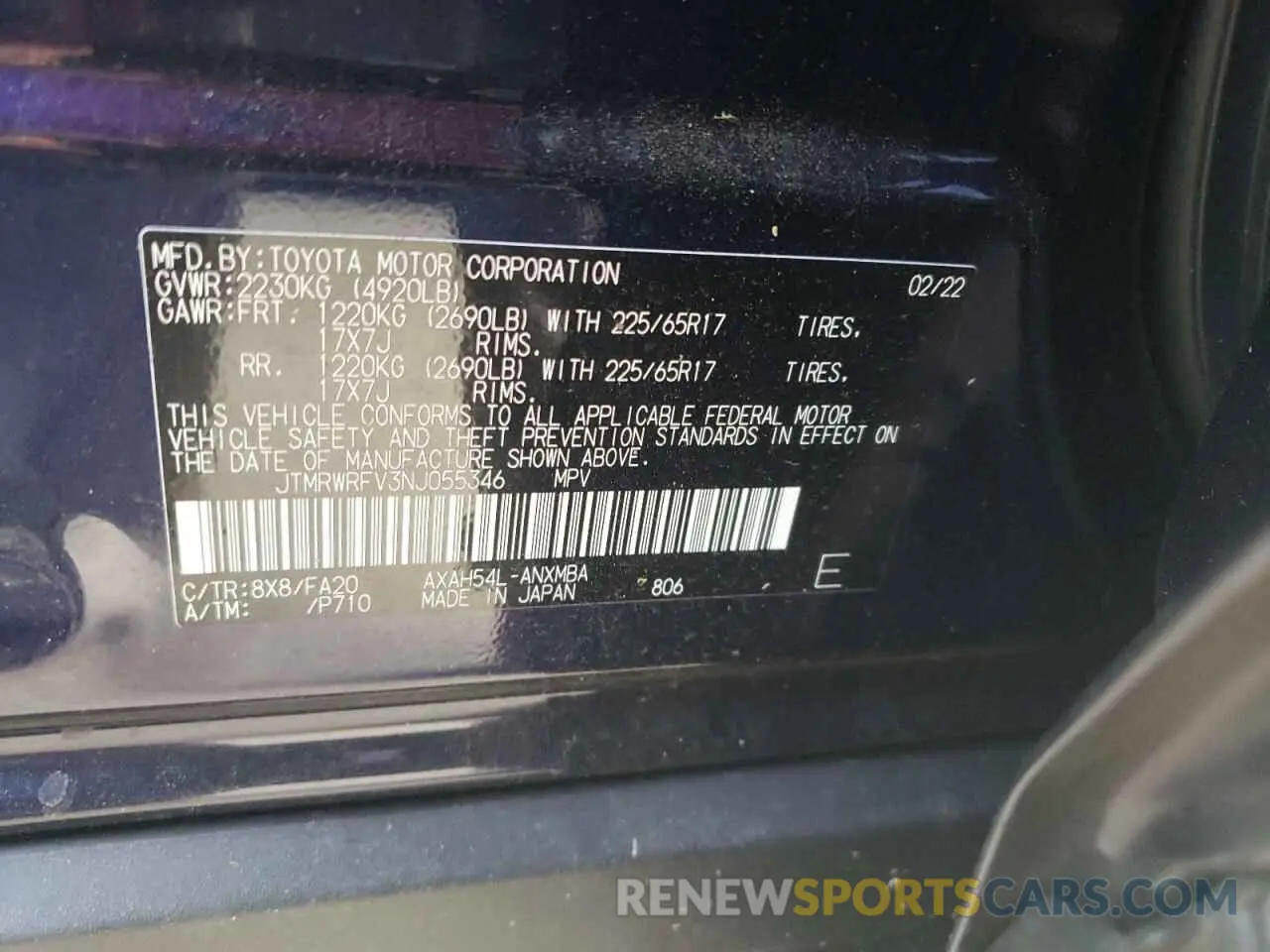 10 Photograph of a damaged car JTMRWRFV3NJ055346 TOYOTA RAV4 2022