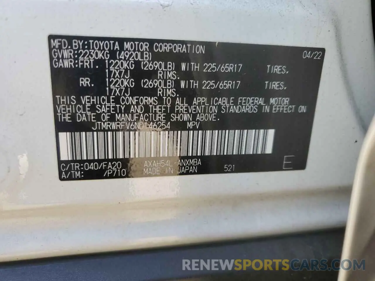 13 Фотография поврежденного автомобиля JTMRWRFV6ND146254 TOYOTA RAV4 2022