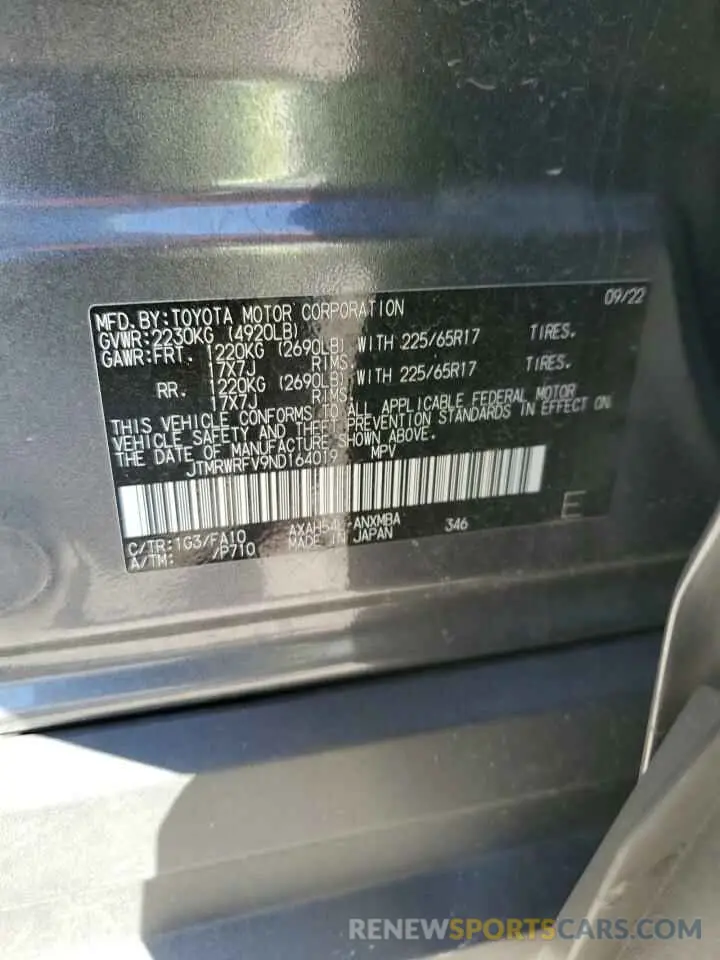 12 Фотография поврежденного автомобиля JTMRWRFV9ND164019 TOYOTA RAV4 2022
