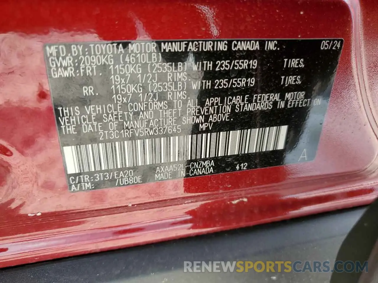 13 Photograph of a damaged car 2T3C1RFV5RW337645 TOYOTA RAV4 2024