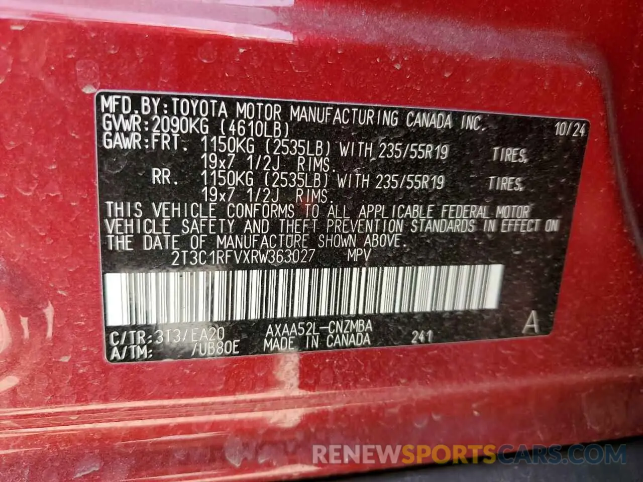13 Фотография поврежденного автомобиля 2T3C1RFVXRW363027 TOYOTA RAV4 2024
