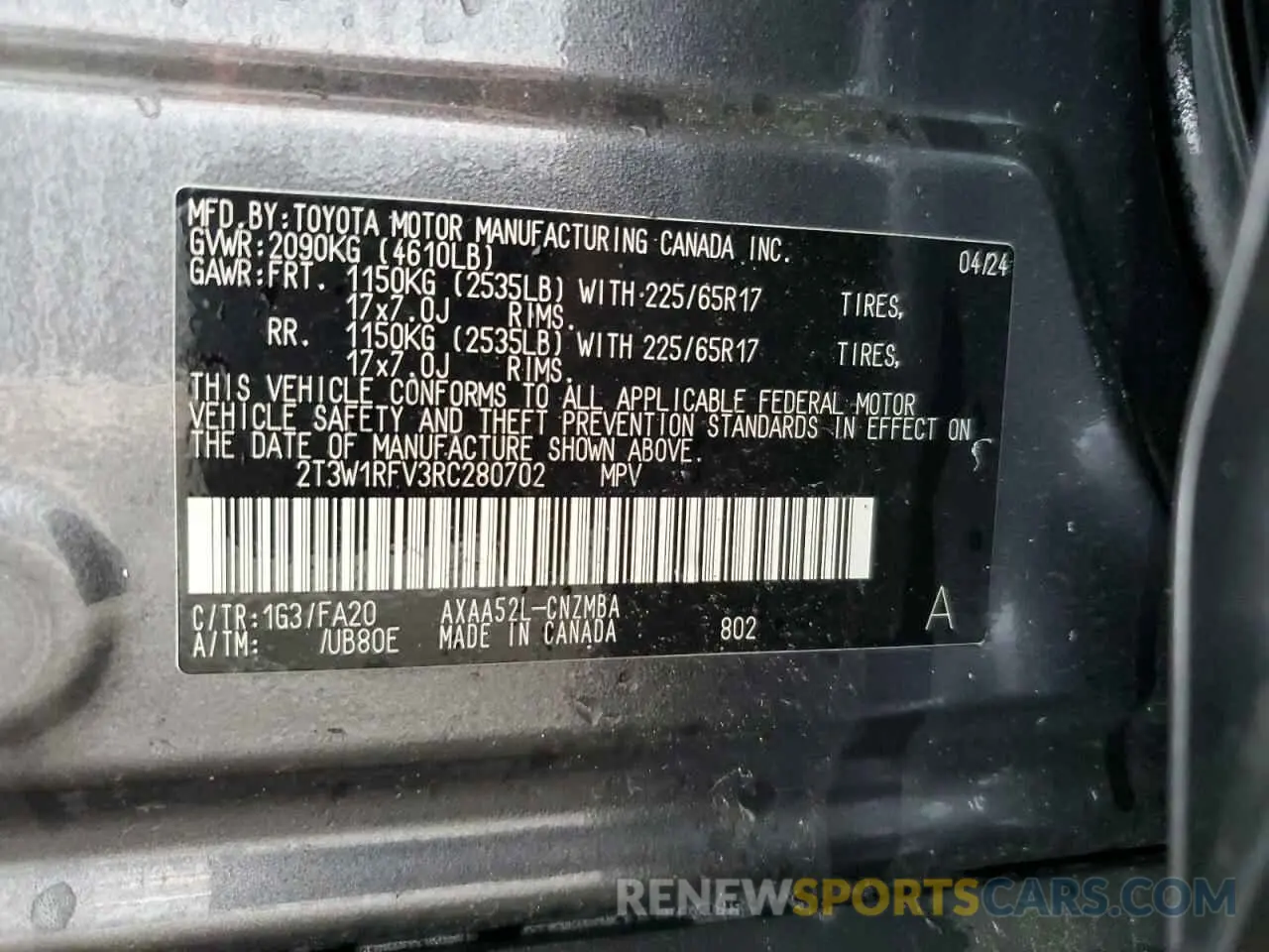 13 Photograph of a damaged car 2T3W1RFV3RC280702 TOYOTA RAV4 2024