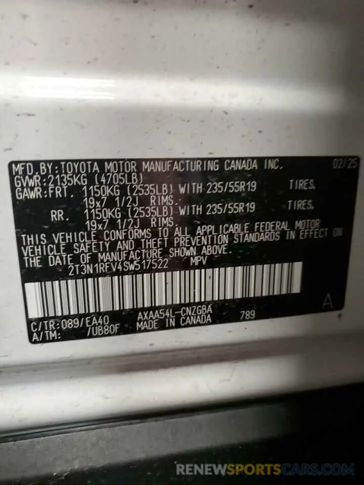 14 Фотография поврежденного автомобиля 2T3N1RFV4SW517522 TOYOTA RAV4 2025