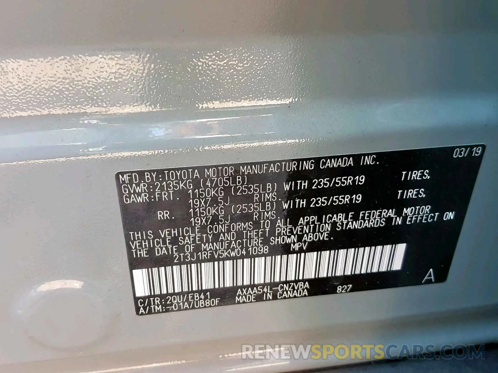 10 Photograph of a damaged car 2T3J1RFV5KW041098 TOYOTA RAV4 ADVEN 2019