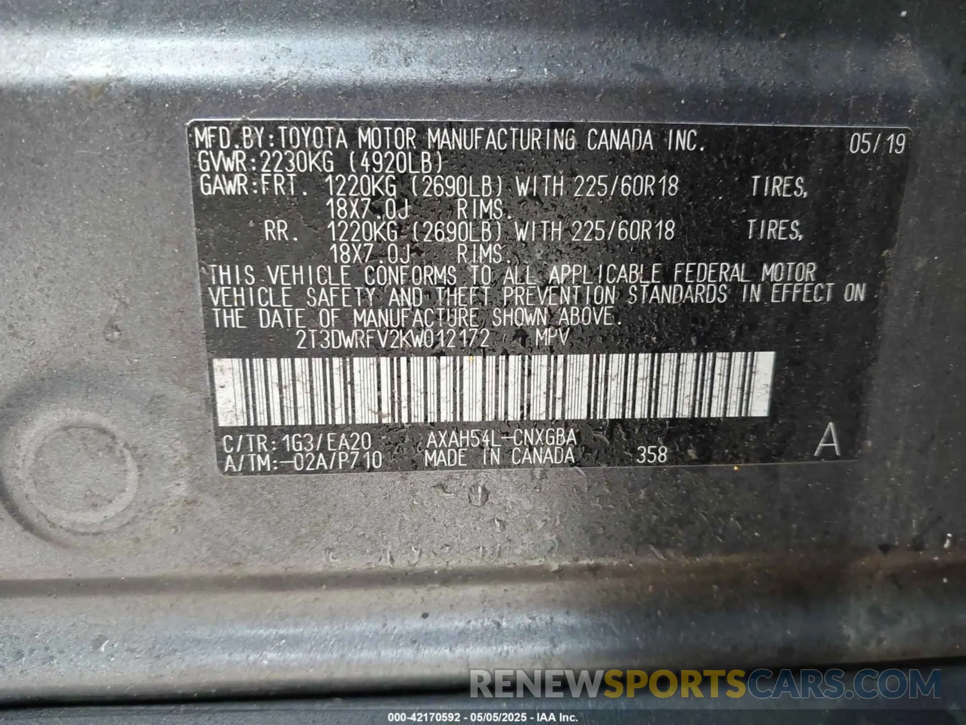 9 Фотография поврежденного автомобиля 2T3DWRFV2KW012172 TOYOTA RAV4 HYBRID 2019