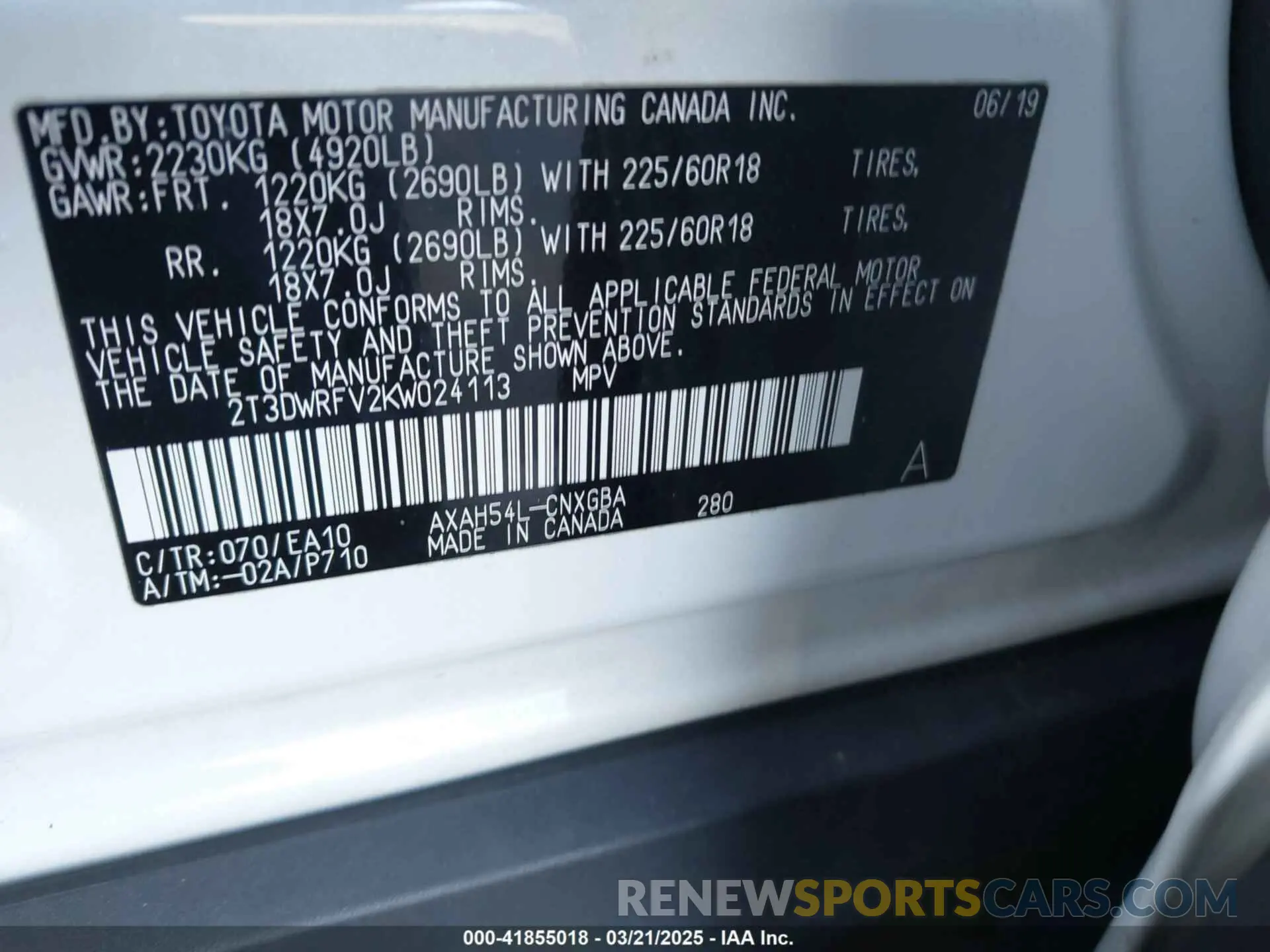 9 Photograph of a damaged car 2T3DWRFV2KW024113 TOYOTA RAV4 HYBRID 2019