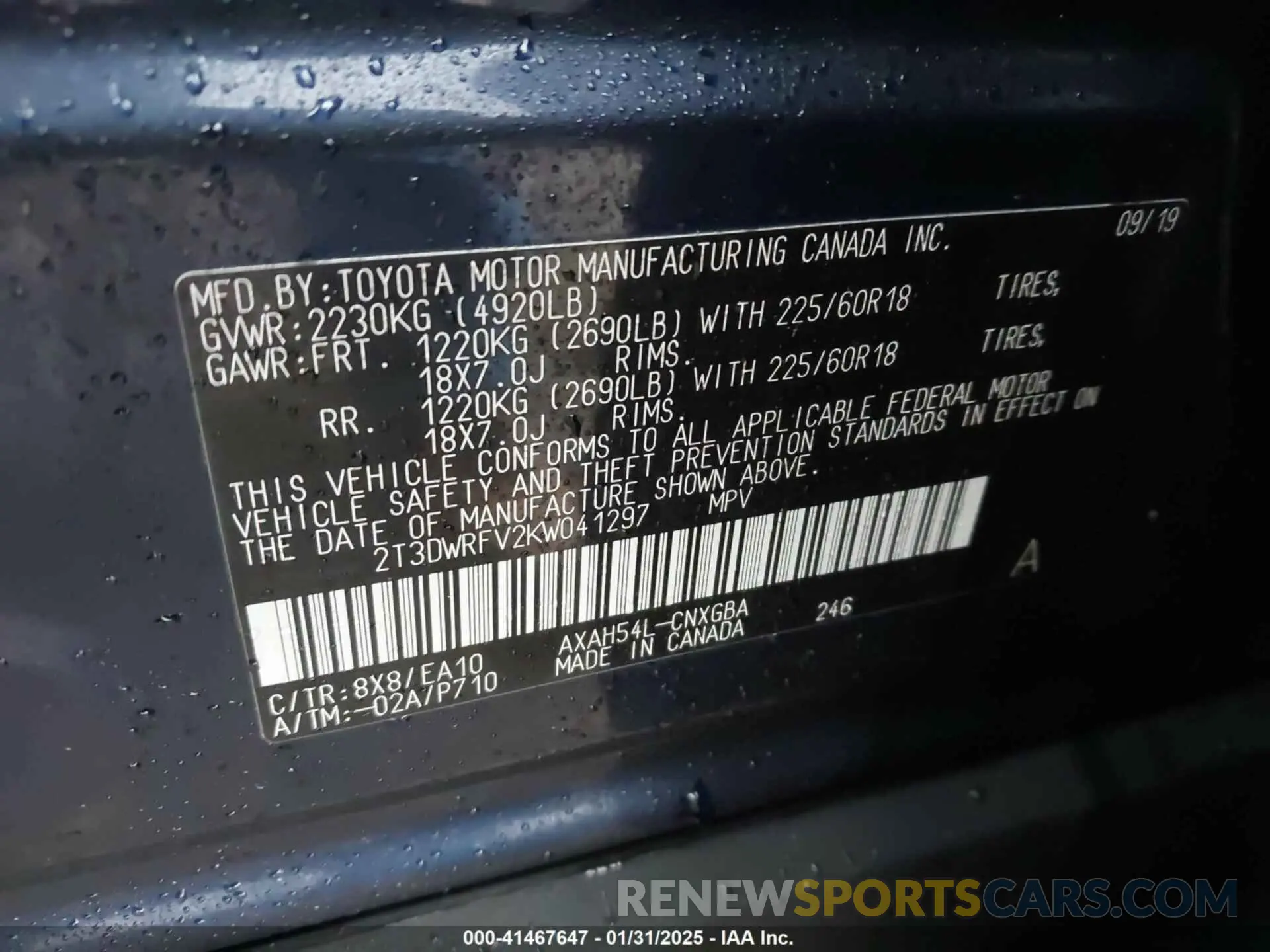 9 Фотография поврежденного автомобиля 2T3DWRFV2KW041297 TOYOTA RAV4 HYBRID 2019