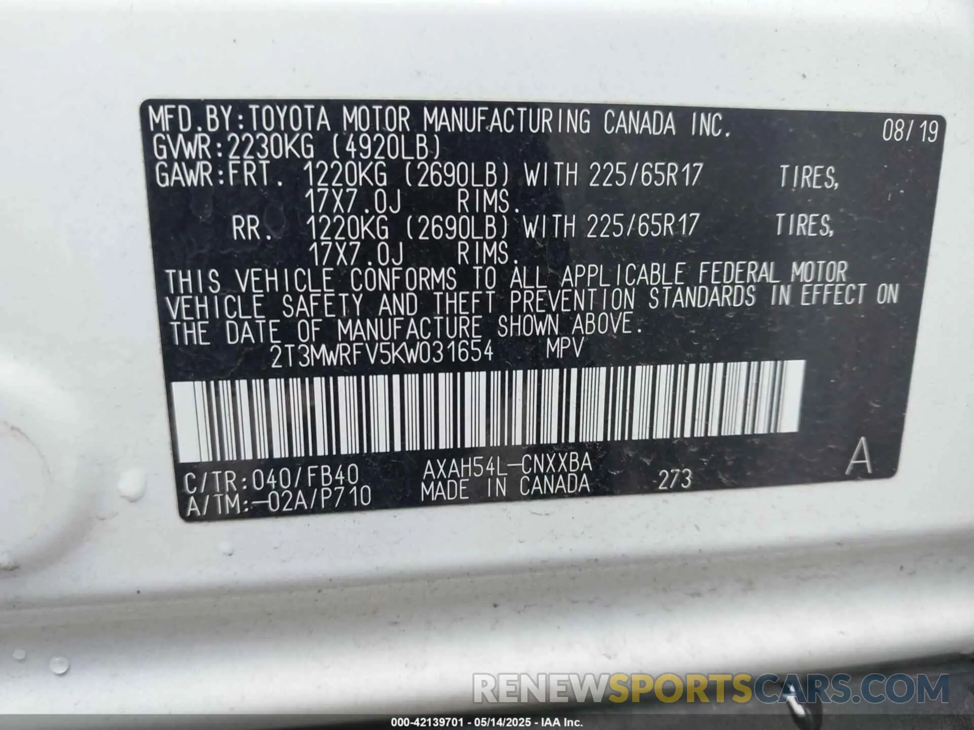 9 Photograph of a damaged car 2T3MWRFV5KW031654 TOYOTA RAV4 HYBRID 2019