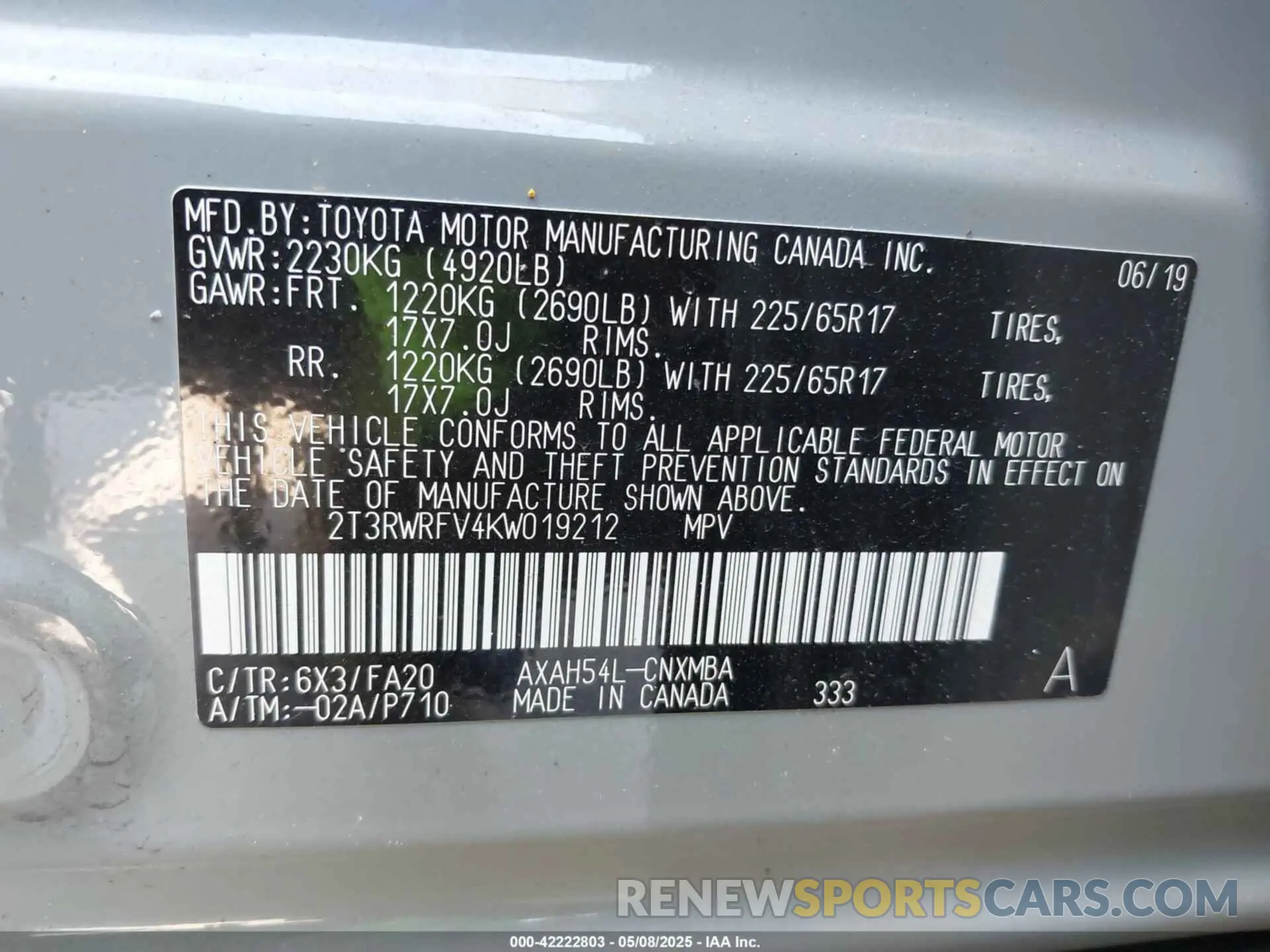 9 Фотография поврежденного автомобиля 2T3RWRFV4KW019212 TOYOTA RAV4 HYBRID 2019