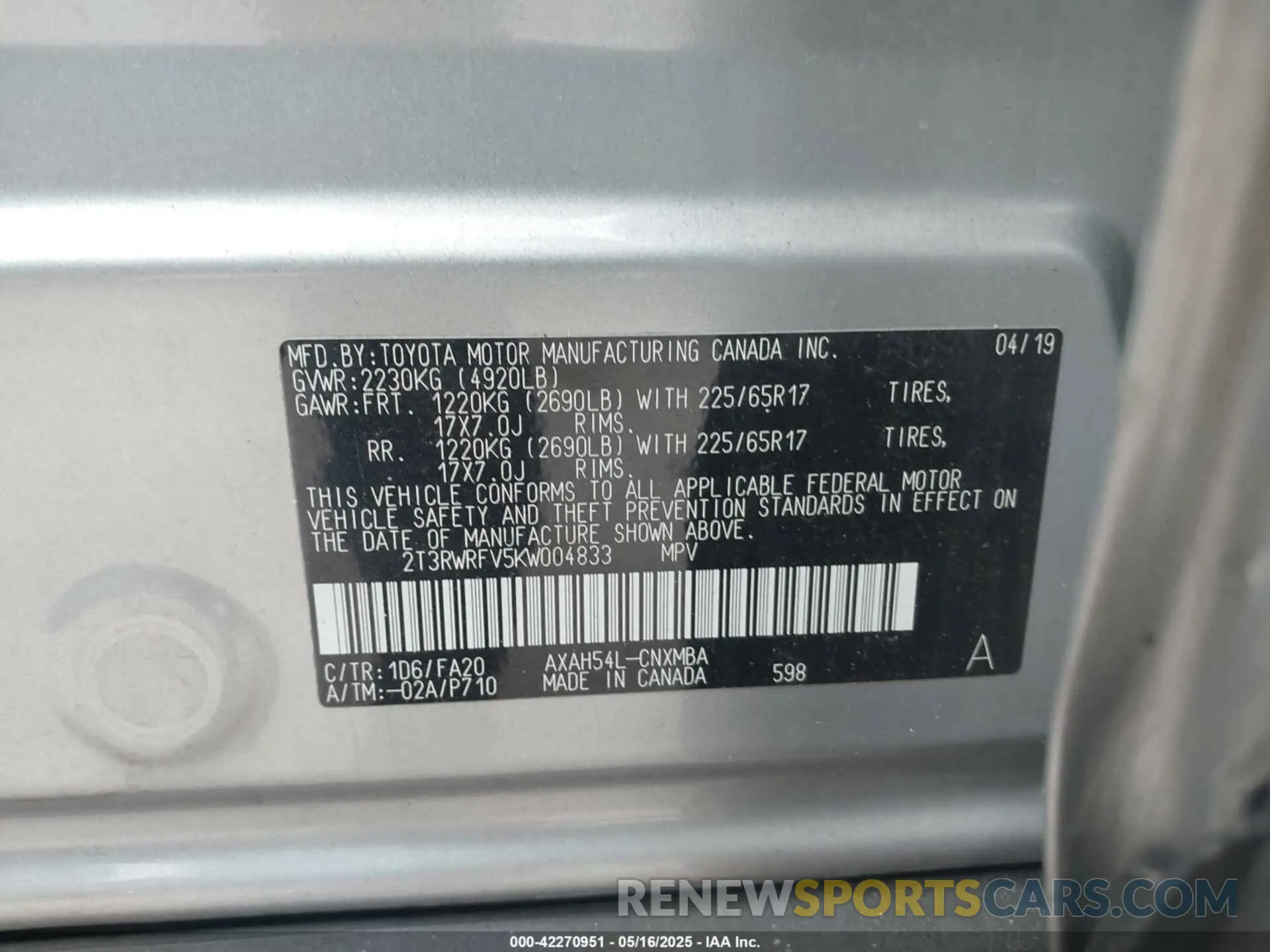 9 Фотография поврежденного автомобиля 2T3RWRFV5KW004833 TOYOTA RAV4 HYBRID 2019