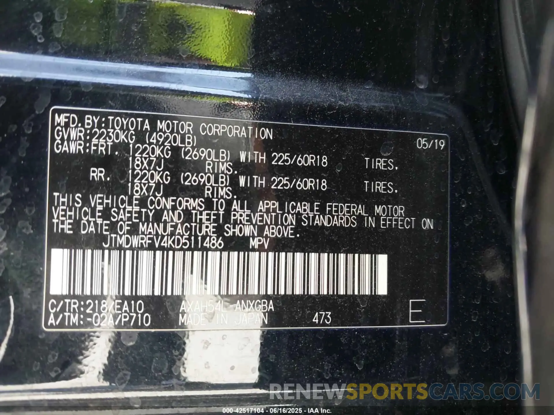 9 Photograph of a damaged car JTMDWRFV4KD511486 TOYOTA RAV4 HYBRID 2019