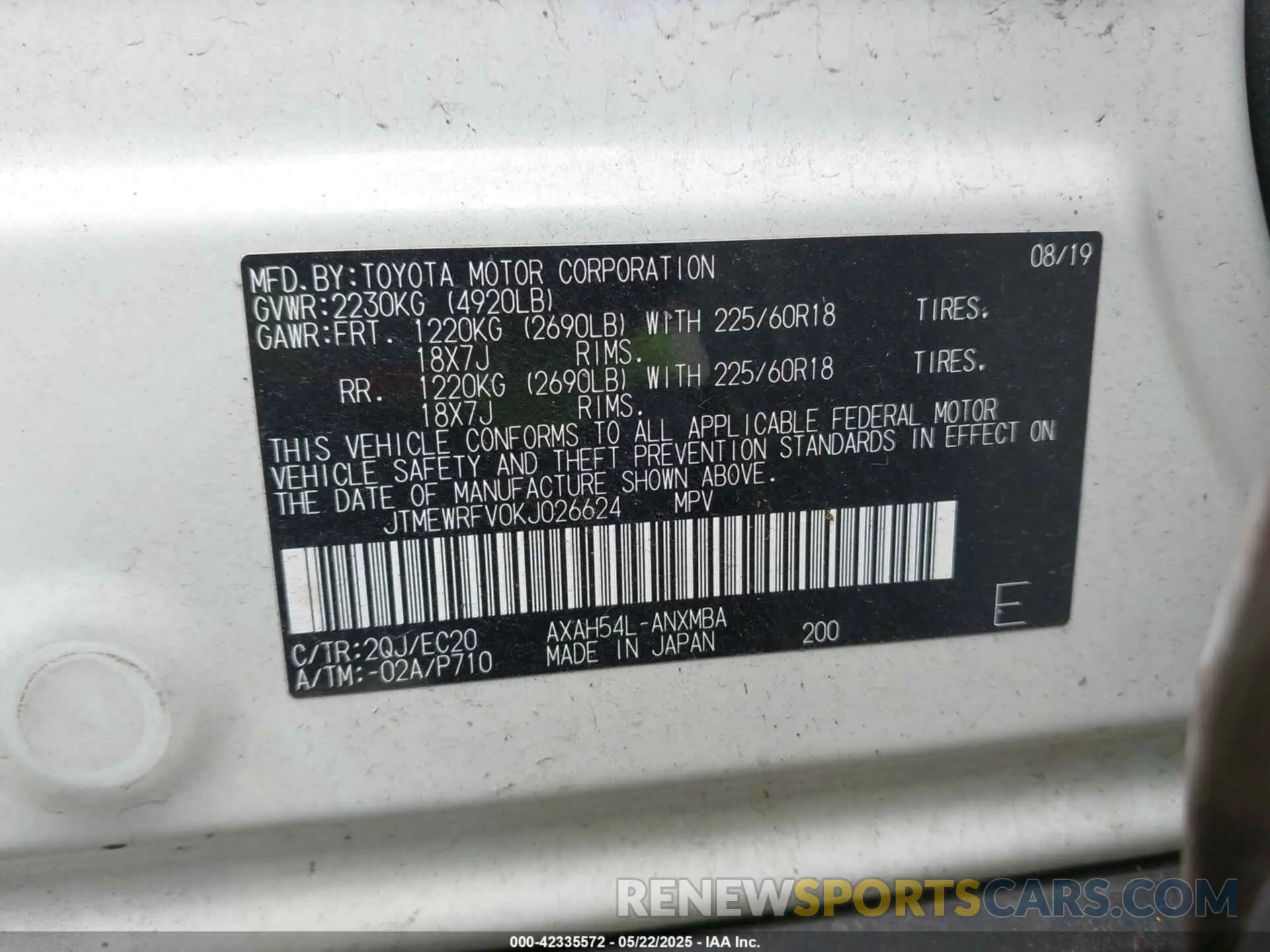 9 Фотография поврежденного автомобиля JTMEWRFV0KJ026624 TOYOTA RAV4 HYBRID 2019