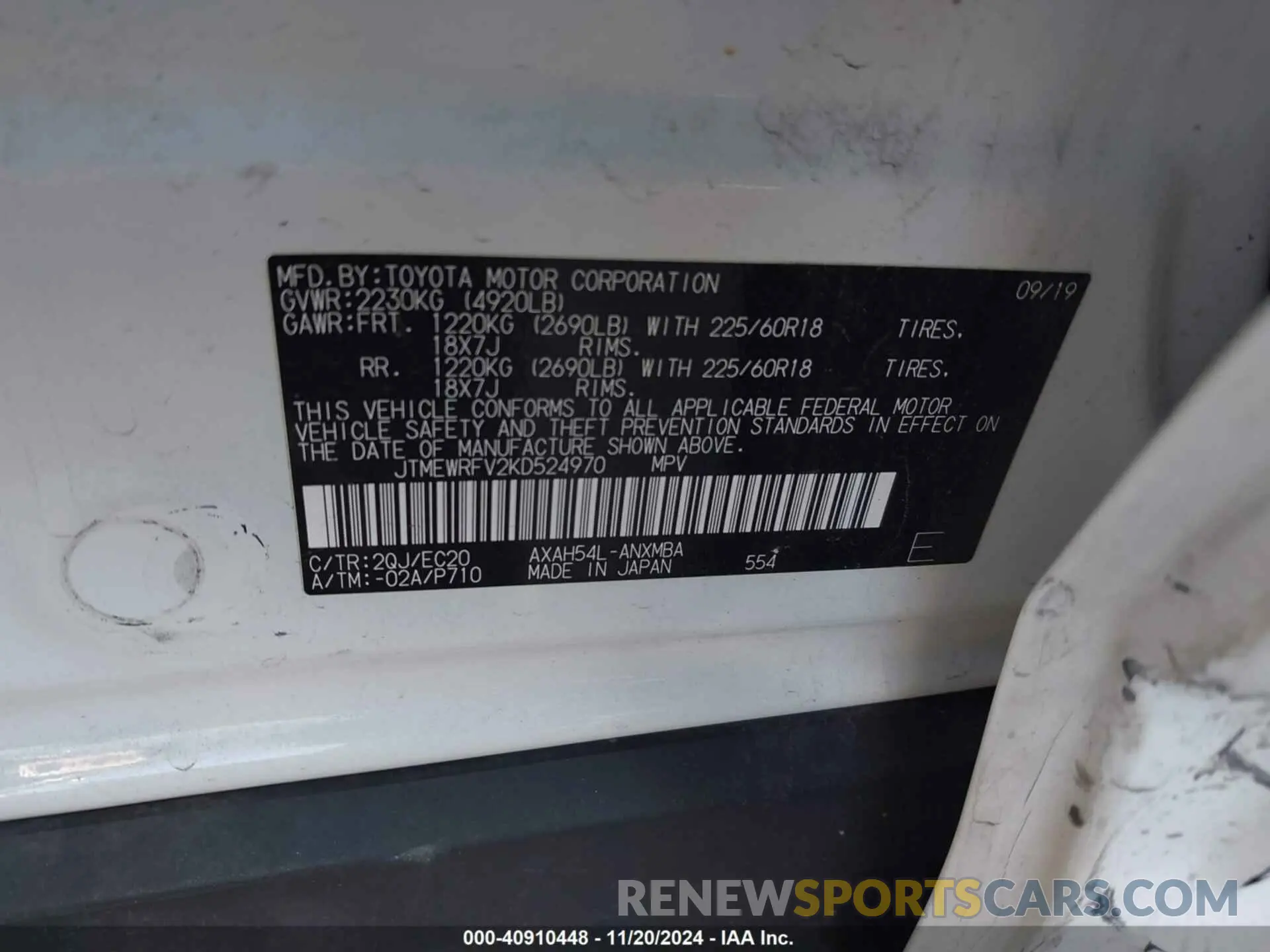 9 Photograph of a damaged car JTMEWRFV2KD524970 TOYOTA RAV4 HYBRID 2019