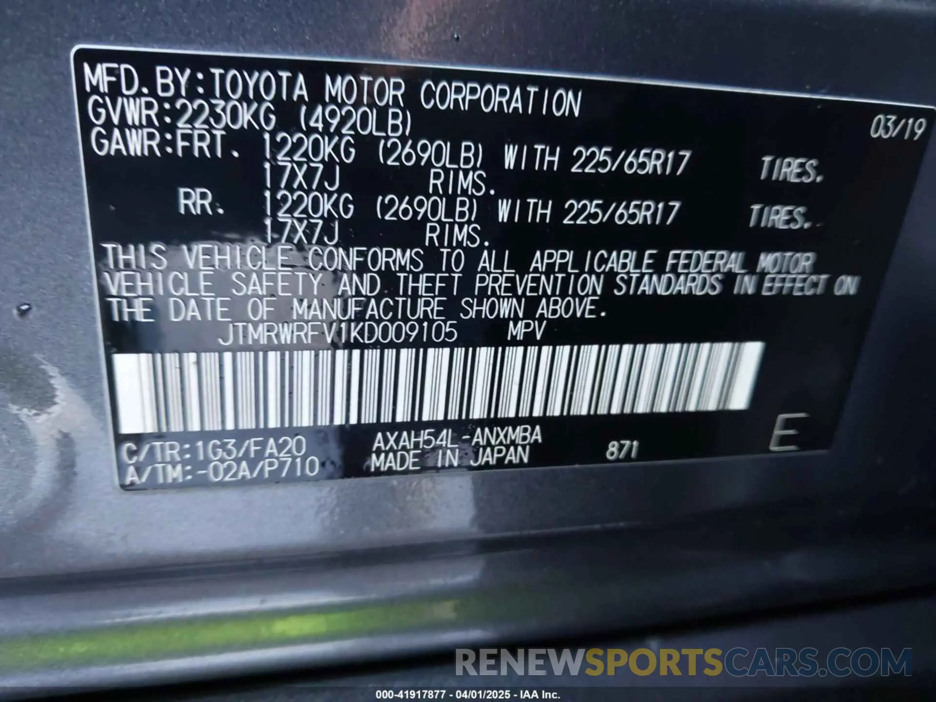 9 Фотография поврежденного автомобиля JTMRWRFV1KD009105 TOYOTA RAV4 HYBRID 2019