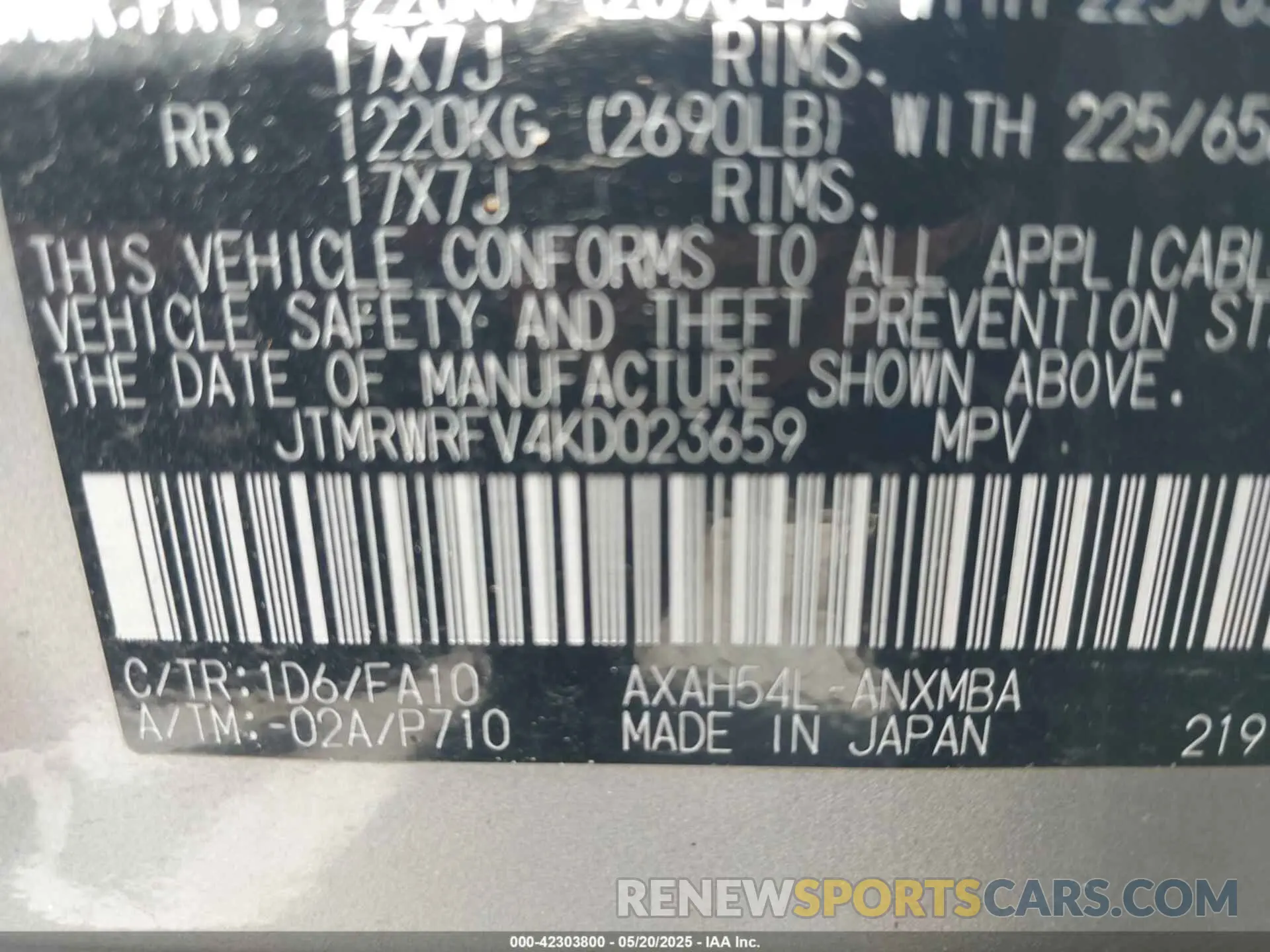 9 Photograph of a damaged car JTMRWRFV4KD023659 TOYOTA RAV4 HYBRID 2019