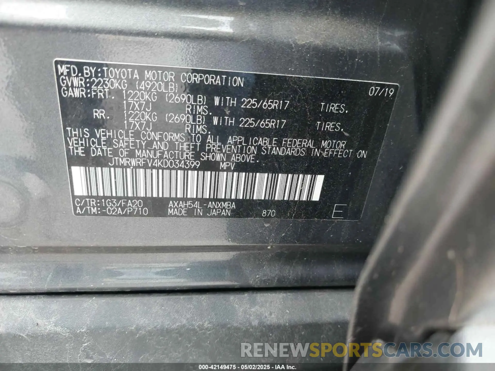 9 Photograph of a damaged car JTMRWRFV4KD034399 TOYOTA RAV4 HYBRID 2019