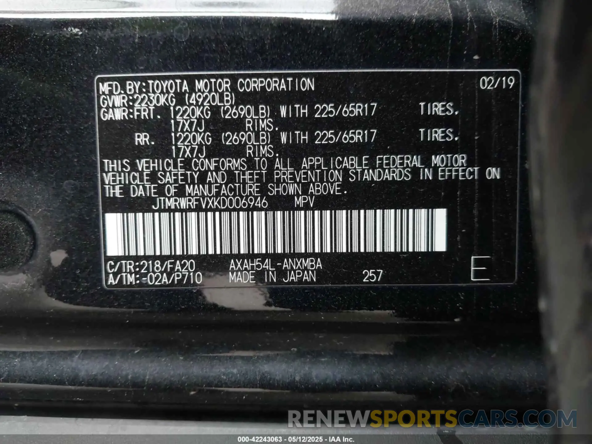 9 Photograph of a damaged car JTMRWRFVXKD006946 TOYOTA RAV4 HYBRID 2019