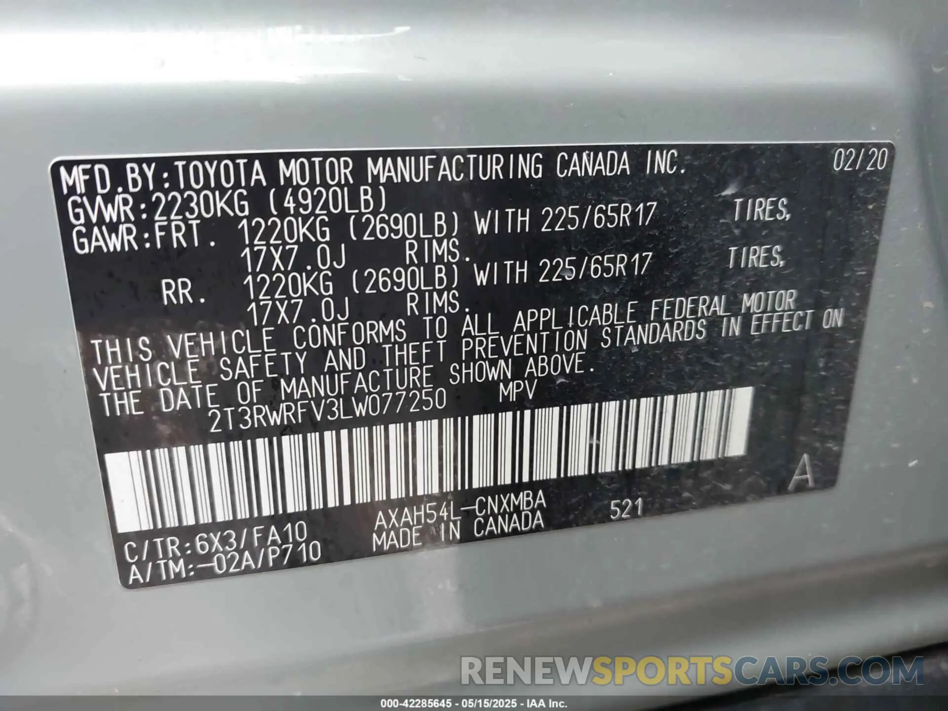 9 Фотография поврежденного автомобиля 2T3RWRFV3LW077250 TOYOTA RAV4 HYBRID 2020