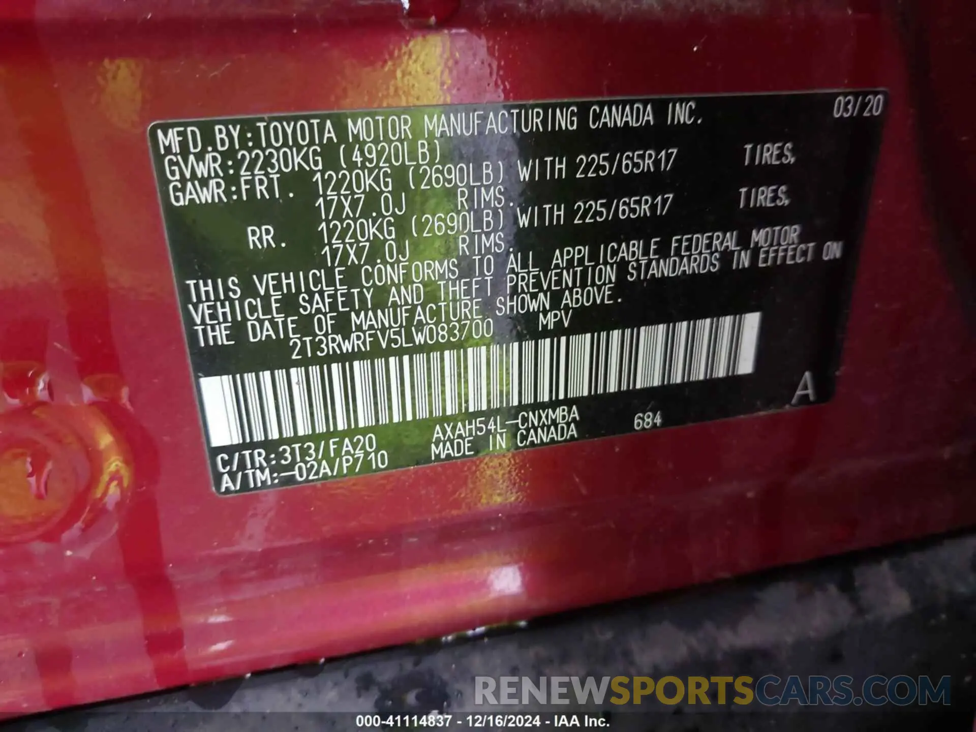 9 Фотография поврежденного автомобиля 2T3RWRFV5LW083700 TOYOTA RAV4 HYBRID 2020